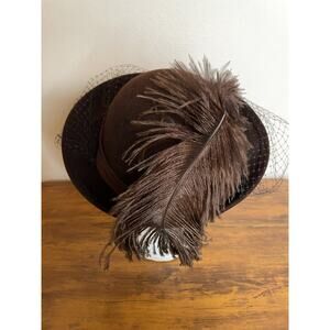 Vintage Michael Howard Miss Bierner HAT 100% Wool Brown Feathers Derby Church